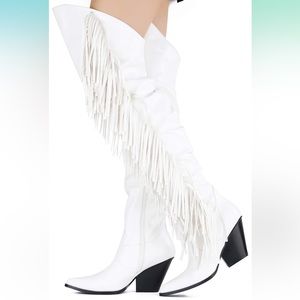 Over the knee white fringe cowgirl boots